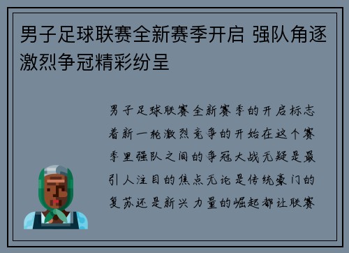 男子足球联赛全新赛季开启 强队角逐激烈争冠精彩纷呈