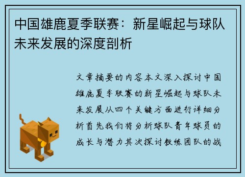 中国雄鹿夏季联赛：新星崛起与球队未来发展的深度剖析